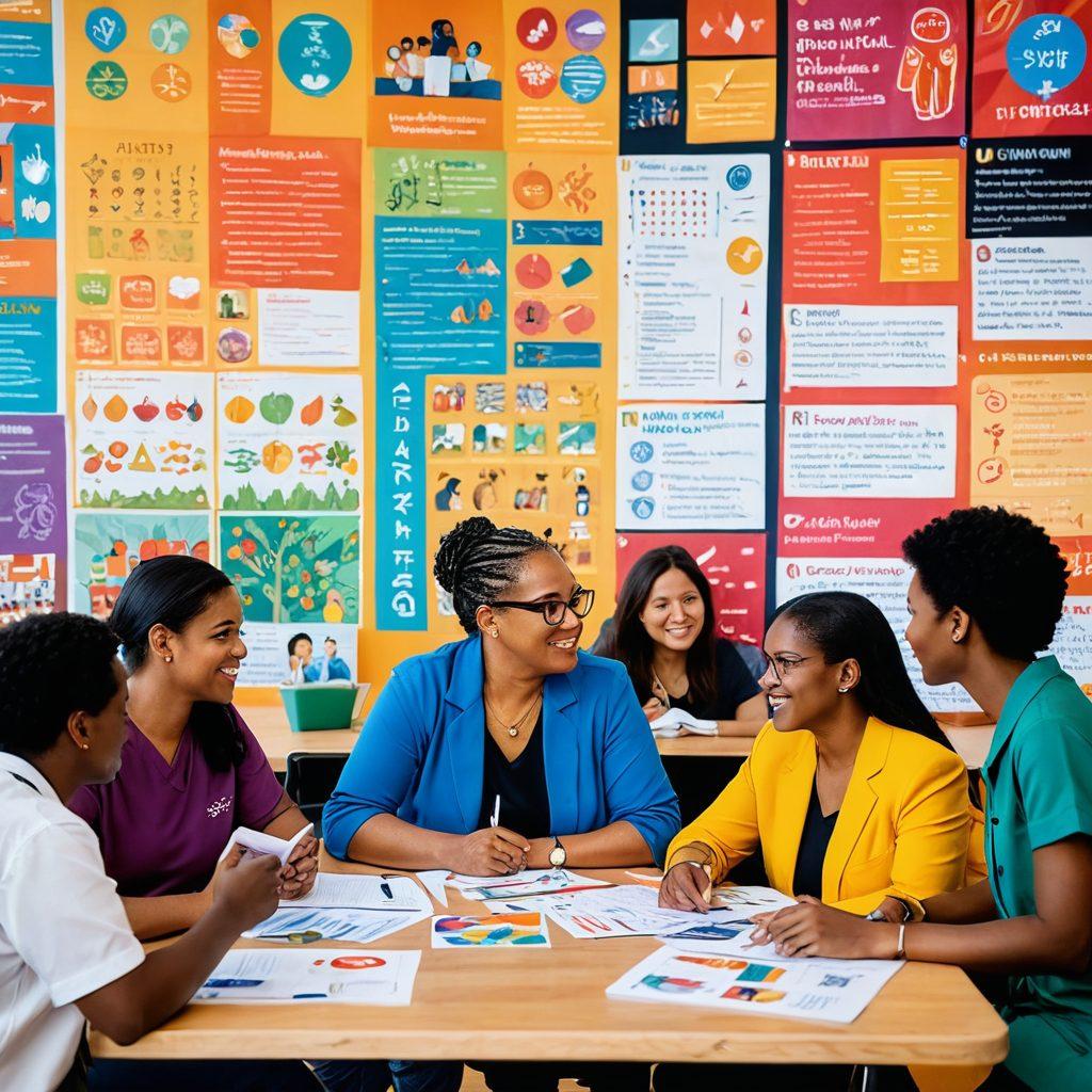 A diverse group of community members engaged in a lively discussion about health trends, with charts and educational materials visible in the background. Bright murals depicting various health symbols and cultures adorn the walls, creating a warm and inviting atmosphere. The scene conveys a sense of empowerment and collaboration, with people of different ages sharing ideas and knowledge. Super-realistic. vibrant colors. 3D.