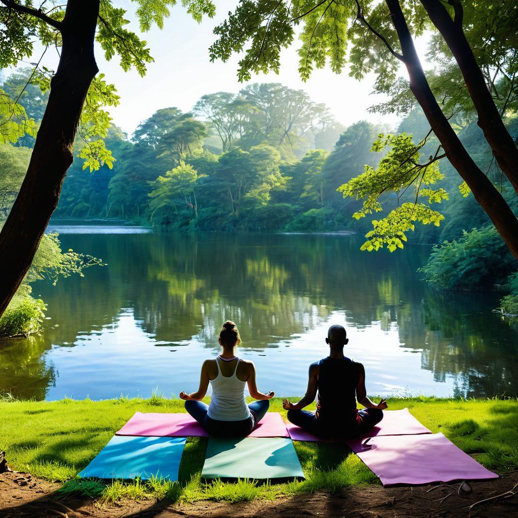 A serene landscape depicting diverse individuals practicing various wellness activities: meditation by a calm lake, a vibrant yoga class in a sunlit park, and a group sharing healthy meals outdoors. Incorporate elements like greenery, sunlight, and wellness symbols (like hearts and leaves) to create a harmonious vibe. The atmosphere should evoke a sense of empowerment and positivity. super-realistic. vibrant colors. white background.