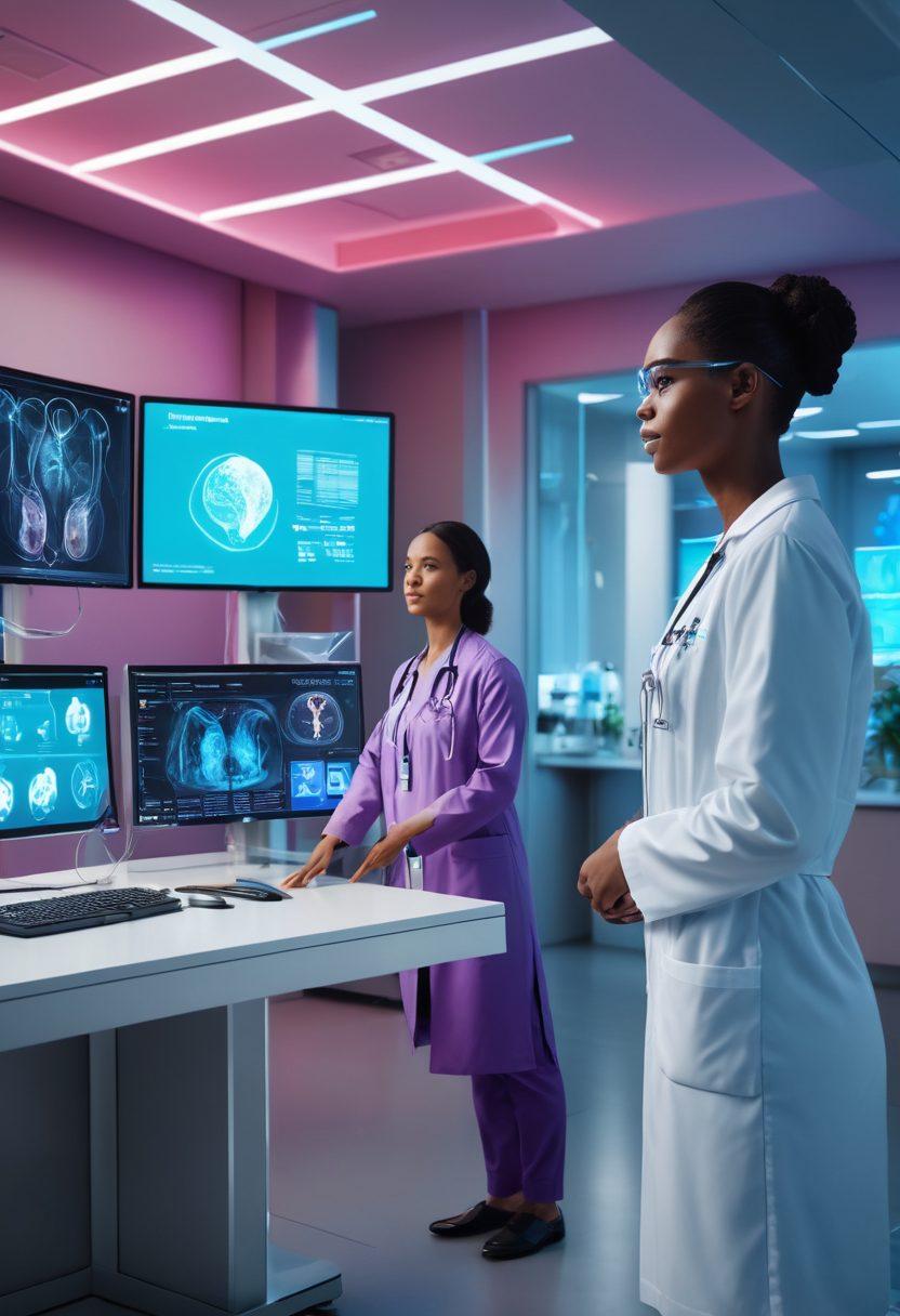 A futuristic digital health scene showcasing diverse healthcare professionals interacting with advanced technology, such as holographic displays and wearable devices. In the background, patients of different ages are engaging with virtual health consultations, symbolizing enhanced patient care. Integrate elements like data analytics and AI in a vibrant, tech-inspired color palette. super-realistic. vibrant colors. 3D.